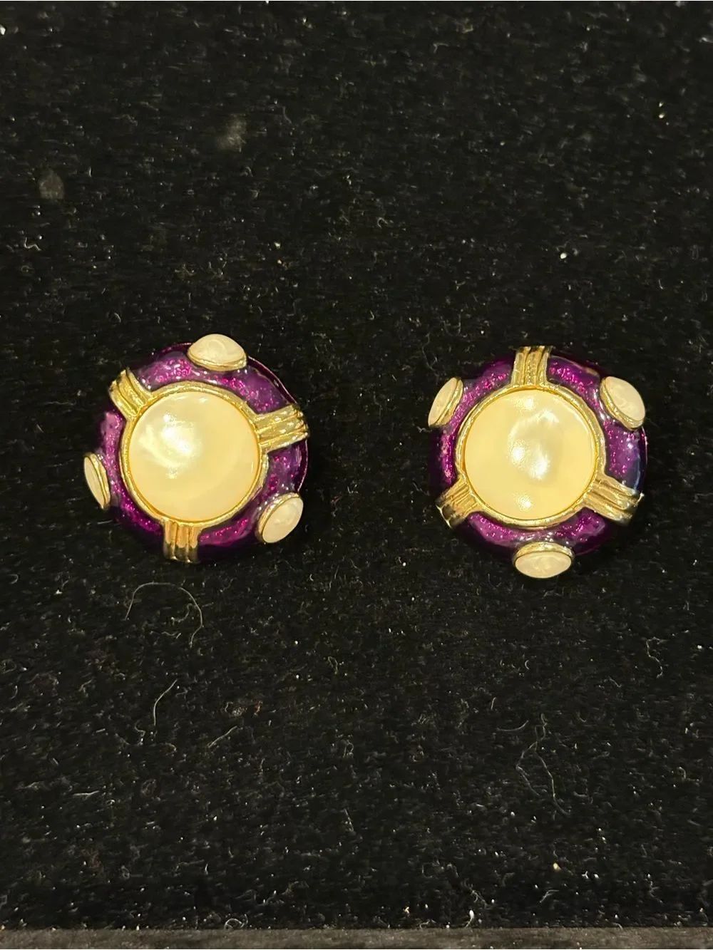 Two Sisters Vintage Purple Enamel MOP Statement Stud Clip-On Earrings